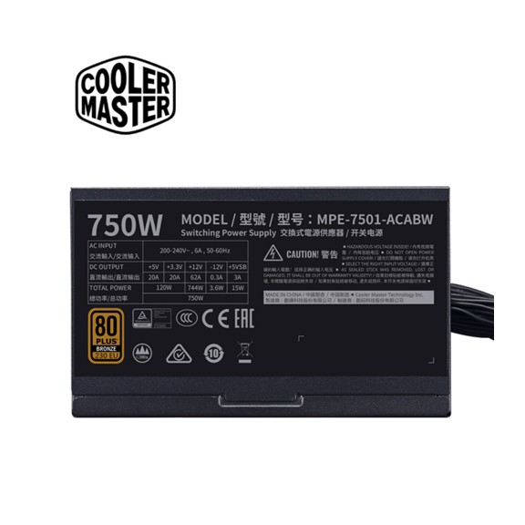 Cooler Master MWE 750 Bronze V2 230v, 80 Plus Bronze, Non-Modular Power Supply – Black